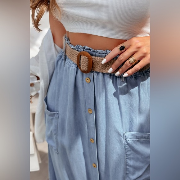 Elastic Waist Flowy Tencel Denim Maxi Skirt A Line Button Ruffle Cargo Long Jean - Picture 6 of 9